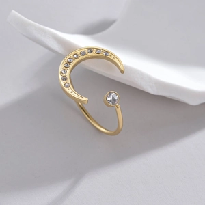 Elegant gold crescent moon adjustable open ring with sparkling crystal accents