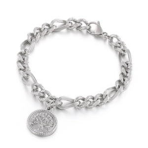 Silver stainless steel tree of life coin pendant bracelet with textured link chain
