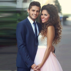 Pink sequin cocktail dress with silver bodice and blue slim fit suit for formal events