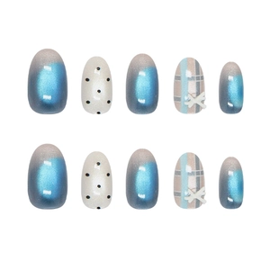 Blue cat eye press-on nails set with 3D bows, polka dots and plaid patterns