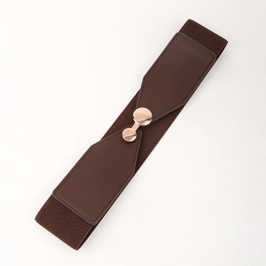 Close-up of brown elastic corset belt with golden buckle and premium faux leather finish