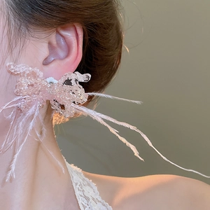 Detailed view of pink beaded floral earrings with soft white feather fringe on model