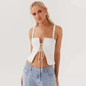 Camiseta Corta Sexy Con Cordones Para Mujer Color Sólido Ajustada Camisola Tirantes Ajustables Mezcla De Algodón Poliéster Streetwear