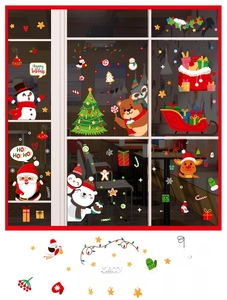 Detailed Christmas window stickers showing Santa Claus, snowmen and reindeer festive decals