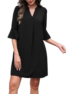 Minimalist black V-neck dress with flared half sleeves and elegant draped shirt dress design