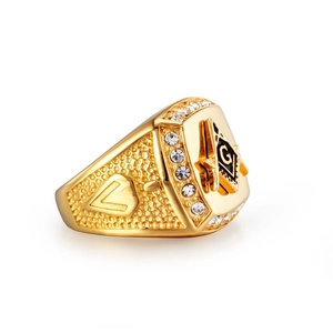 Golden Masonic ring for men with G logo and sparkling crystals in a polished hip hop style