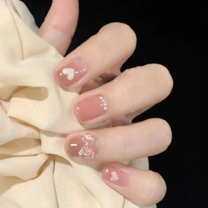 Pink Press On Nails Handmade Sweet Bow Artificial Pearl Heart Decorations False Nails For Women
