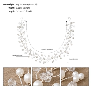 Detail showing 31cm bridal hair vine dimensions with imitation pearls and silver wire