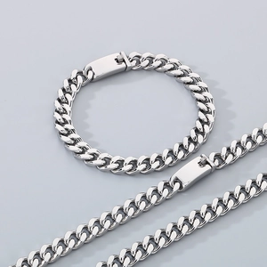 Ensemble collier et bracelet en acier inoxydable argenté avec chaîne cubaine et fermoir lisse