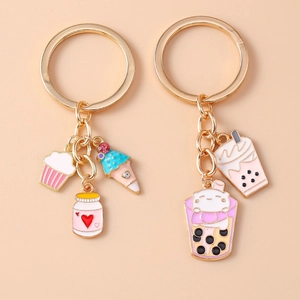 Cartoon Simulation Food Drink Keychain Enamel Zinc Alloy Cupcake Ice Cream Bubble Tea Cute Bag Hanging Accessory