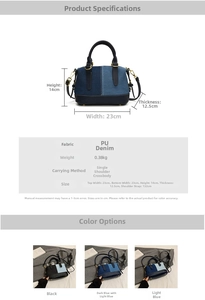 Detail view of denim Boston bag showing 23x14x12.5cm size specs and color options