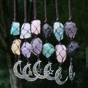 Handmade woven moon pendants with raw amethyst and rose quartz crystals in various colors