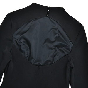 Detail view of black A-line dress featuring back diamond cutout and buttoned collar