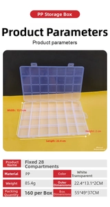 Details zur transparenten 28-Fächer PP Kunststoff-Box mit Maßen von 22,4x13,1x2 cm