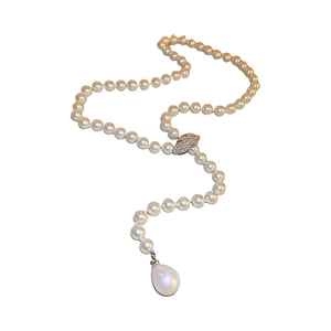 French vintage style pearl necklace with zircon leaf clasp and teardrop pearl pendant