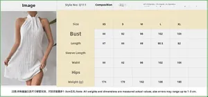 Size chart detail for halter pleated mini dress showing XS to XL dimensions and fabric specs