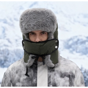 Army green winter trapper hat with thick grey faux fur lining and integrated face mask