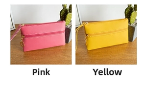 Detail view of double zipper PU leather purses in red and yellow with wristlet straps