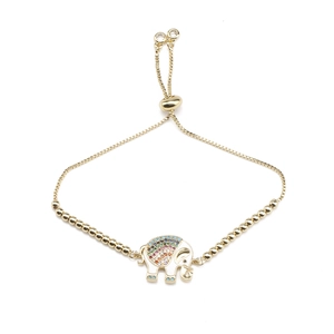 Adjustable gold elephant bracelet with colorful zircons and white enamel finish