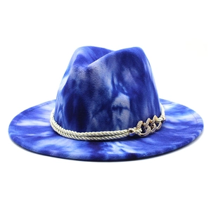 Blue and white tie-dye wide brim wool fedora hat with braided rope and gold chain link