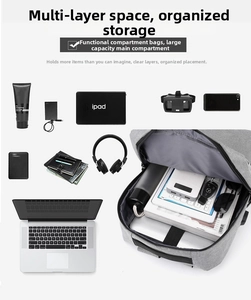 Detailed view of grey laptop backpack showing multiple compartments and large capacity