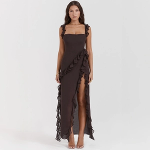 Women's chocolate brown ruffled slit maxi dress with square neck and frill trim
