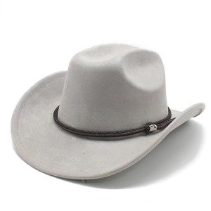 Detail of light gray suede cowboy hat featuring dark brown braided band and silver buckle
