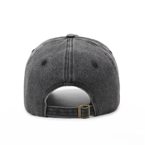 Rear view of vintage black washed cotton baseball cap with adjustable metal buckle
