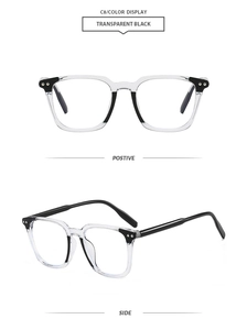 Detail view of square transparent black sunglasses with stylish metal rivets in two angles
