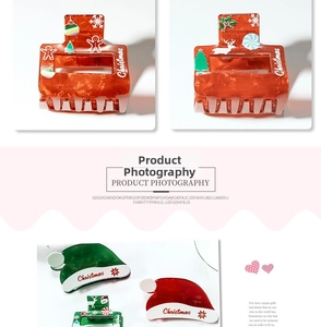 Detail of Christmas claw hair clips with acrylic Santa hat and reindeer festive designs