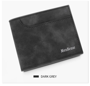 Detailed close-up of dark grey frosted leather wallet with external card slot and branding