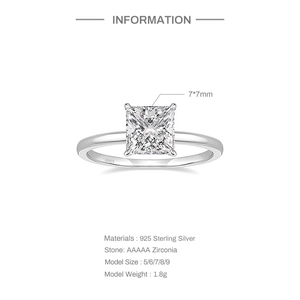 Detailed specifications of 925 sterling silver ring with 7x7mm AAAAA zirconia stone