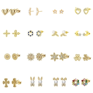 Set of 16 pairs of gold-plated stud earrings with colorful zircon and pearls for women