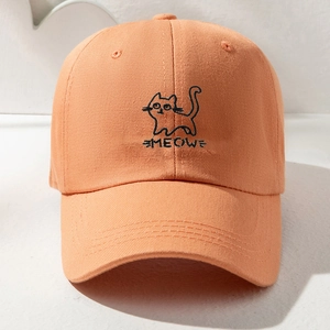 Coral orange cotton baseball cap featuring MEOW cat embroidery and six-panel design