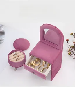 Purple velvet sofa-shaped jewelry box set with mirror, drawer and ring stool storage