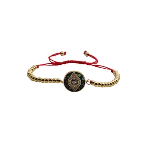 Gold-plated Evil Eye beaded bracelet with adjustable red braided cord and blue zircon