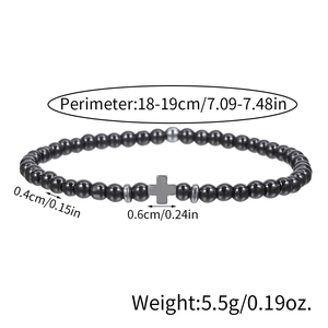 Detailed dimensions of 4mm black bead cross bracelet showing perimeter and weight info
