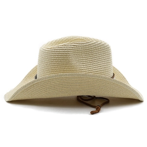 Detailed weave of light beige straw cowboy hat with dark brown woven chin strap