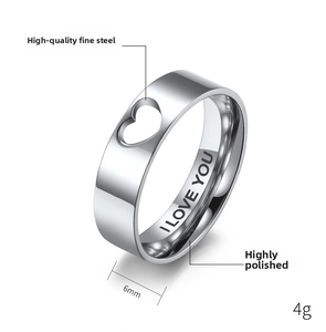 Detailed 6mm stainless steel ring with hollow heart side and I LOVE YOU engraving