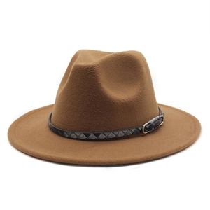 Detailed view of camel fedora hat with grey braided band and silver metal buckle