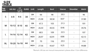 Detailed size guide table for women's short sleeve blouse including US, UK, and EU measurements