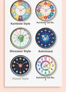 Detail view of six educational wall clocks featuring rainbow, dinosaur, and space designs