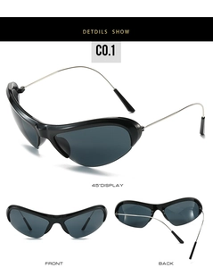 Three-angle views of futuristic black wrap-around sunglasses with silver metal temples