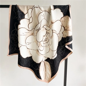 Camellia Flower Print Square Scarf Elegant Matte Twill Satin Like Shawl French Vintage Headscarf For Women Accessories