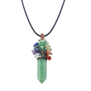 Detail of tree of life wire-wrapped green aventurine hexagonal crystal pendant necklace