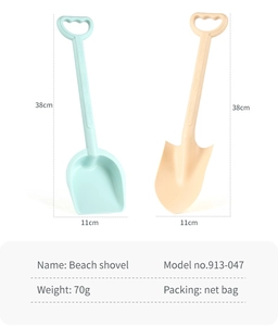 Close-up of 38cm blue and beige beach shovels with D-handle and size specifications