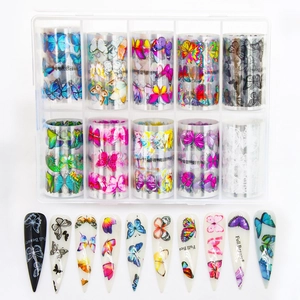 Colorful butterfly nail transfer stickers set with 10 rolls in storage box and demo tips