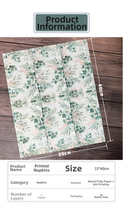 Detail view of 33x40cm 3-ply floral napkins with green leaf print on wooden background