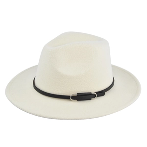 Detail of a beige wool felt fedora with a black faux leather band and silver buckle