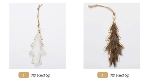 Detail of wool plush Christmas tree ornaments with wooden backing in white and brown